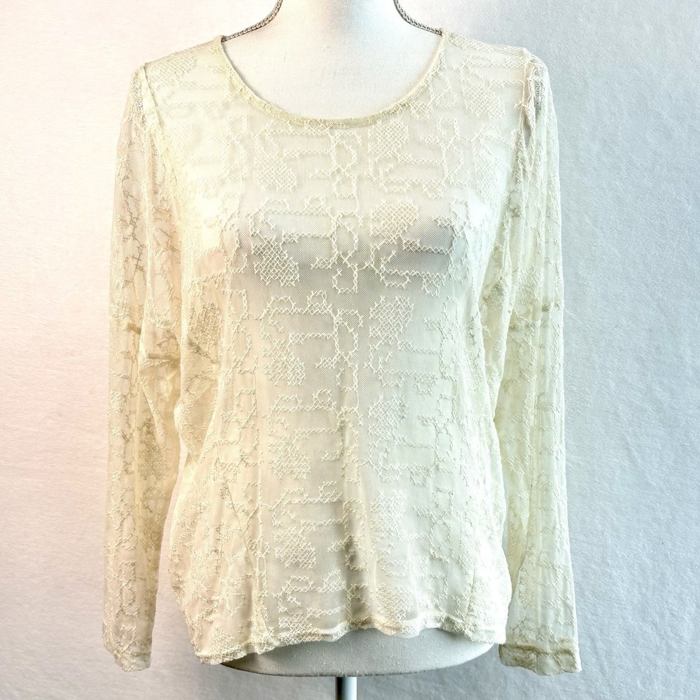 Lace Mesh Ivory Top Long Sleeve Top Off White Cream Sheer Boho Layering XCVI Med